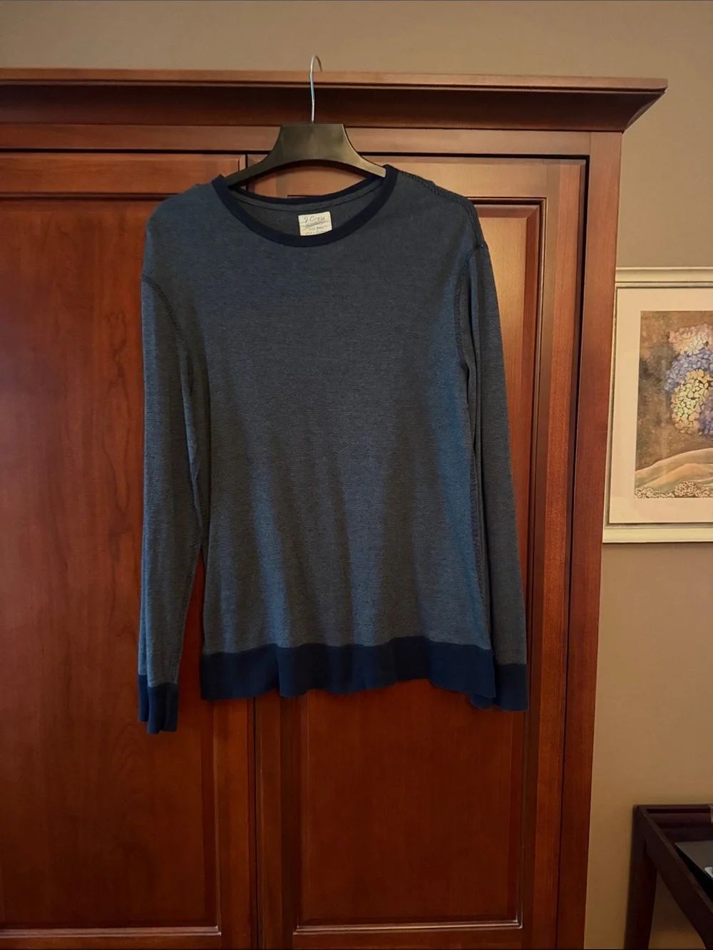 J. Crew Men’s Navy and Charcoal Thin-Striped Long Sleeve Crewneck
